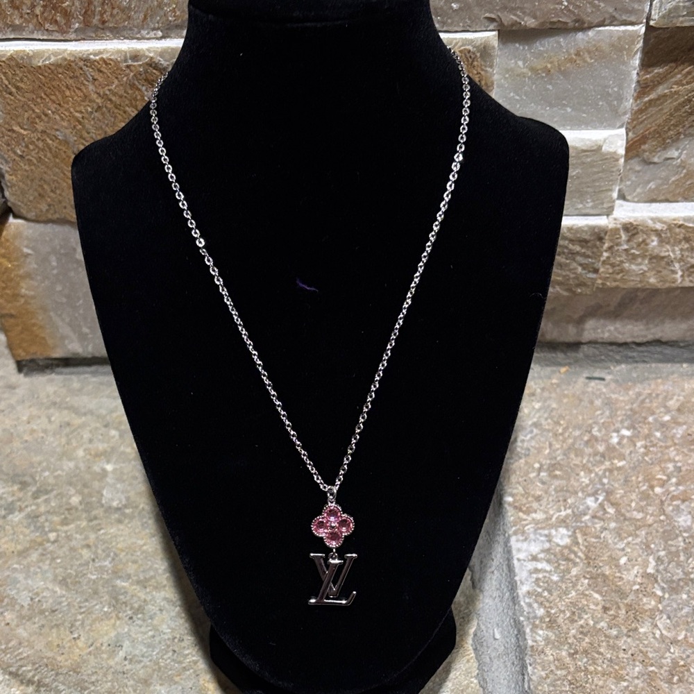 Silver Necklace with Pink Flower & a silver LV Pendant